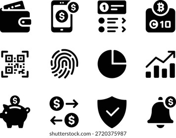 Tecnología financiera y conjunto de iconos de criptomonedas, iconos de vector de pago digital de cadena de bloques de Fintech