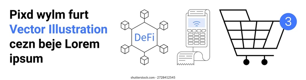 Tecnologia financeira, sistemas descentralizados, criptomoeda, compras on-line, pagamentos digitais, blockchain. Diagrama de rede, carrinho de compras do terminal de pagamento. Tecnologia financeira e