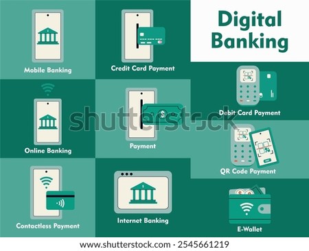 Financial Technology, Digital Banking, Mobile Payments Concept Icon. Fintech Solutions Vector Illustration Set. Digital Transformation, Financial Innovation. Suitable for Infographic.