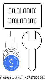 Tecnología financiera, economía digital, codificación, desarrollo de software, Asistencia tecnológica, innovación. Monedas, código binario y un icono de llave inglesa Tecnología financiera y conceptos de economía digital