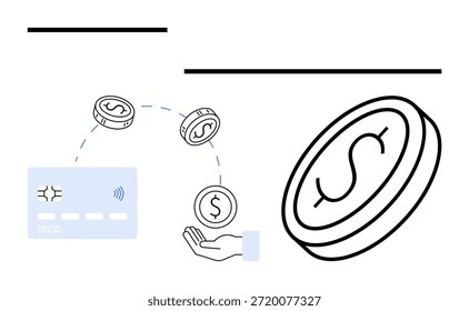 Tecnología financiera, billeteras digitales, pagos en línea, cambio de divisas, pagos sin contacto, seguridad de comercio electrónico. Tarjeta de pago, monedas y gráfico de la mano. Conceptos de Fintech y monedero digital