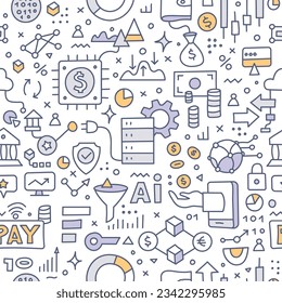 Financial technology. Doodle seamless pattern. Features a various small illustrations of fintech, cryptocurrency, moderns banking and oline payment