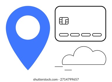 Tecnologia financeira, comércio eletrônico, transações on-line, armazenamento em nuvem, conectividade de dados, economia digital. Um pin de mapa azul, cartão de crédito e símbolo de nuvem. Conceito de tecnologia financeira e comércio eletrônico