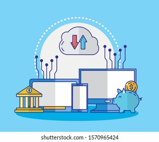 financial technology with electronic devices vector illustration design
