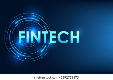 Tecnología financiera Fintech está en el círculo tecnológico. Muestra un banco usando tecnología para llegar a los usuarios, un mercado de valores, una empresa. Ilustración vectorial en tonos azul oscuro.