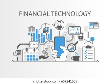 Financial Technology / Fin-Tech concept vector background with hand holding smartphone