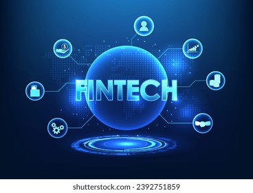 Tecnología financiera Fintech conectó el círculo de tecnología con íconos. Muestra finanzas que usan tecnología para llegar a los usuarios. Más conveniente y más seguro. Imágenes de fondo. Ilustraciones vectoriales.