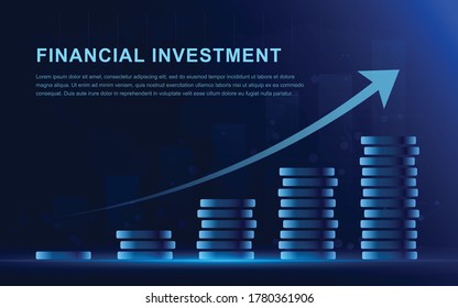 Financial technology (Fintech) investment future concept. Coins stack moving up meaning growth and increase money value. Vector illustration