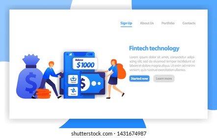 financial technology or fintech. mobile saving money. Deposit and transfer with smartphone. woman borrow money with fintech Apps. flat vector illustration for web, banner, landing page, mobile