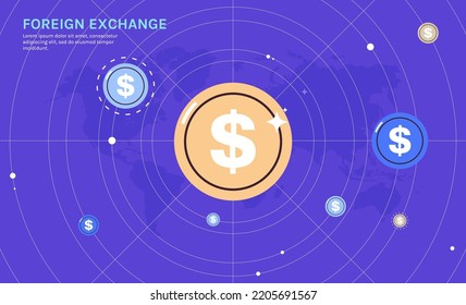 Financial technology and fintech, online banking, foreign exchange, dollar progress with global pins concept flat vector illustration.