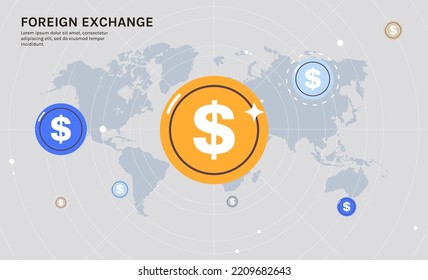 Financial technology and fintech, online banking, foreign exchange, dollar progress with global pins concept flat vector illustration.