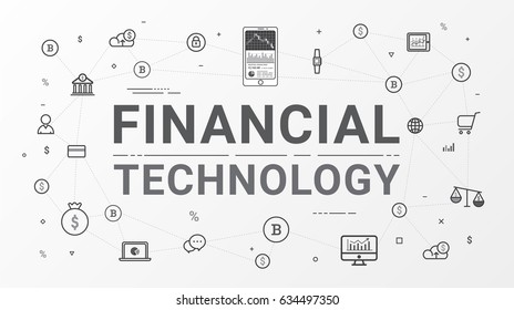 Financial Technology (Fin-Tech)and Block-chain Technology. Financial Technology And Business Investment Info Graphic Flat Line Icons Style Gray Color Tone Create By Vector.