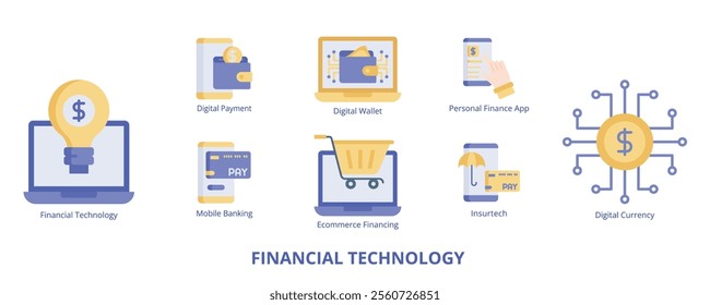 Financial Technology Flat Banner Web Icon Set Vector Illustration