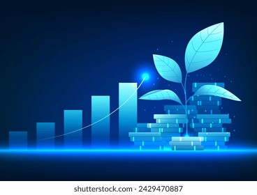 Financial technology In front of the graph is a tree on top of a pile of coins. It show the profit growth of the company, like a tree that gradually grows.Grow as the business expands around the world