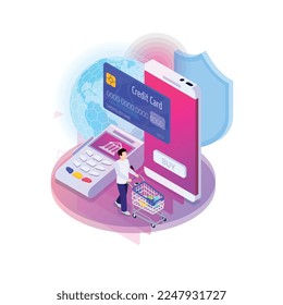 La tecnología financiera resplandece la composición isométrica de los iconos de color neón con personajes humanos y gadgets ilustración vectorial