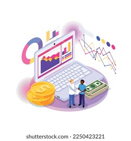 Financial technology glow isometric composition of neon colored icons with human characters and gadgets vector illustration