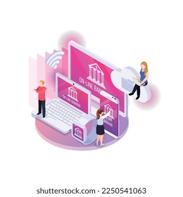 Financial technology glow isometric composition of neon colored icons with human characters and gadgets vector illustration