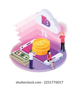 La tecnología financiera resplandece la composición isométrica de los iconos de color neón con personajes humanos y gadgets ilustración vectorial