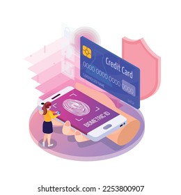 Financial technology glow isometric composition of neon colored icons with human characters and gadgets vector illustration