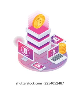 Financial technology glow isometric composition of neon colored icons with human characters and gadgets vector illustration