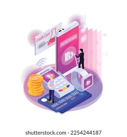 Financial technology glow isometric composition of neon colored icons with human characters and gadgets vector illustration