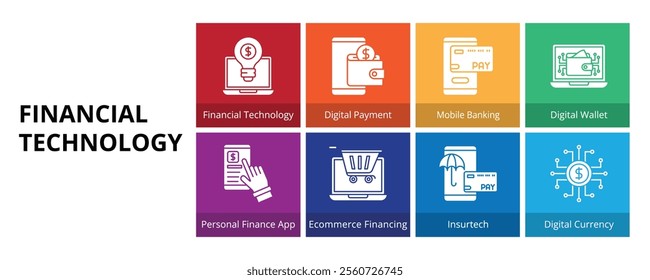 Financial Technology Glyph Solid Banner Web Icon Set Vector Illustration