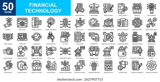 Financial Technology icon collection set. Financial management, digital currency, online banking, smart money, trading icon. Simple line vector.
