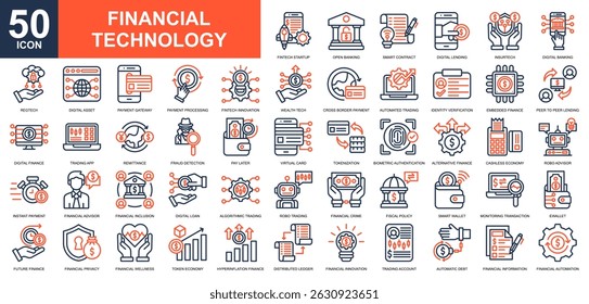 Financial Technology icon collection set. Financial management, digital currency, online banking, smart money, trading icon. Simple line color vector.