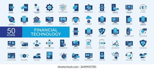 Conjunto de colecciones de íconos de tecnología financiera con pago móvil, billetera digital, transacción sin contacto, análisis de big data, seguridad cibernética