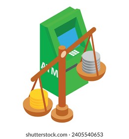 Financial technology icon isometric vector. Atm machine and coin stack on scales. Money, financial concept