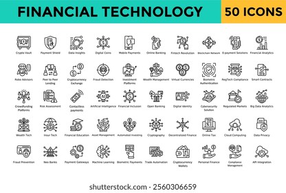 Financial Technology icon set with crypto vault, payment shield, data insights, digital coins, mobile payments, online banking, fintech revolution icon. Simple line vector 
