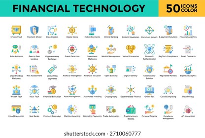 Conjunto de iconos de Tecnología financiera con cripto bóveda, escudo de pago, información de datos, monedas digitales, pagos móviles, banca en línea, icono de revolución fintech. Sencillo Vector de color plano 
