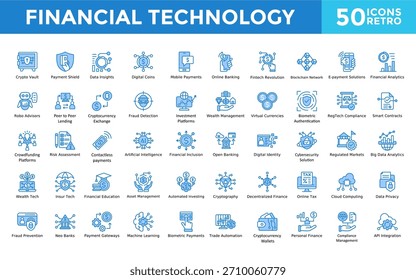 Conjunto de iconos de Tecnología financiera con cripto bóveda, escudo de pago, información de datos, monedas digitales, pagos móviles, banca en línea, icono de revolución fintech. Vector retro simple 
