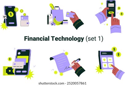 O conjunto de ilustrações de tecnologia financeira simboliza a assinatura do contrato financeiro, o cálculo do orçamento, a carteira digital, o pagamento móvel e a transferência de dinheiro. Ilustrações de vetor planas sobre fintech