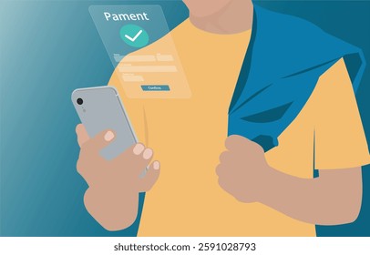 Financial technology, internet payments, and digital banking networks. The individual used a mobile phone to use mobile banking apps to make payments while shopping online. Vector Illustration