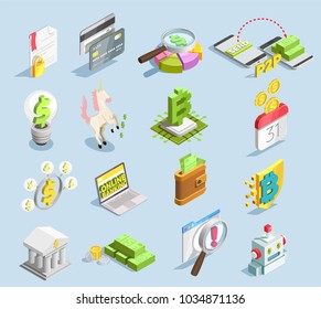 Financial technology isometric set with online banking  credit card stack of banknotes bitcoin mining decorative icons isolated vector illustration 