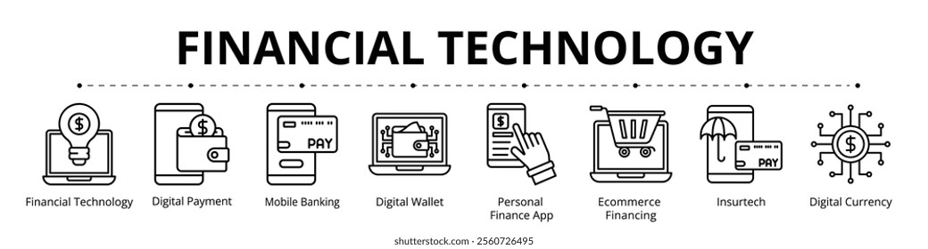 Financial Technology Line Banner Web Icon Set Vector Illustration