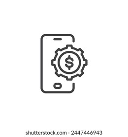 Symbol für die finanzielle Technologie. Lineares Stilzeichen für mobiles Konzept und Webdesign. Handy mit Ausrüstung und Geld Umriss Vektorgrafik Symbol. Fintech-Symbol, Logo-Illustration. Vektorgrafik-Grafiken