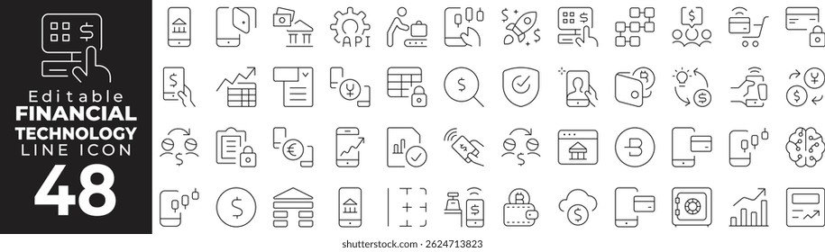 Financial Technology Line Icon Set - Fintech, Online Banking, Innovation