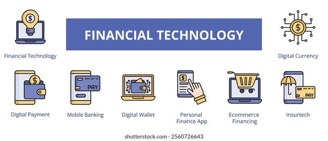 Financial Technology Lineal Color Banner Web Icon Set Vector Illustration