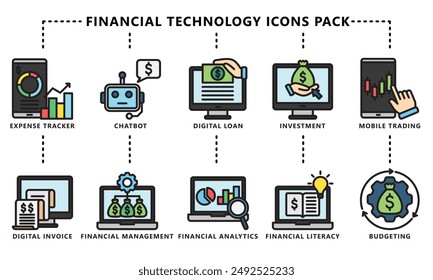 Financial technology lineal multi color icons pack, contain investment, mobile trading, digital invoice and more. vector EPS 10. use for UI, UX financial theme, app and web development.