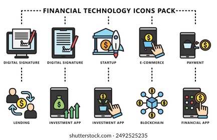 Financial technology lineal multi color 
 icons pack, contain digital signature, peer to peer landing, ecommerce and more. vector EPS 10. use for UI, UX financial theme, app and web development.