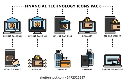 Financial technology lineal multi color icons pack, contain online banking, e-wallet, payment and more. vector EPS 10 .use for UI, UX financial theme, app and web development.
