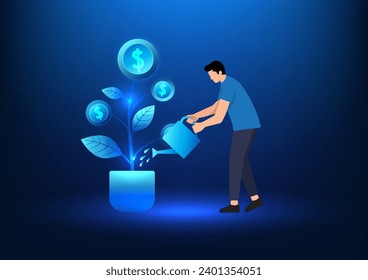 Financial technology, man watering plants that yield coins, representing an investment in accumulating cryptocurrencies to grow and spend in the future Cryptocurrency based on the blockchain system