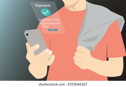 Financial Technology, Online Payment and digital banking network. The individual used a mobile phone to use mobile banking Apps for make payment while shopping online. Vector Illustration
