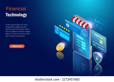 Tecnología financiera. pago en línea, tienda en línea y plataforma de intercambio de acciones en smartphone con sistema de seguridad. Comercio electrónico, banca y tecnología de la inversión financiera