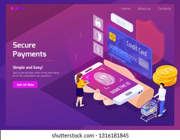 Financial technology secure payments isometric web page with glow and interface elements on purple background vector illustration