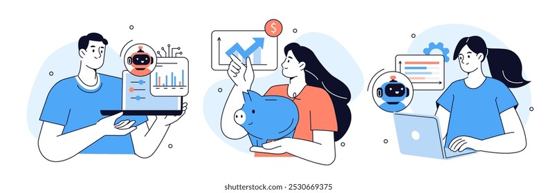 Financial technology set. Characters using artificial intelligence finance tools for business analysis. AI fintech, data science, machine learning concept.