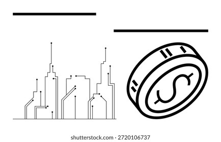 Tecnología financiera, infraestructura de ciudades inteligentes, moneda digital, blockchain, innovación, conceptos de inversión. Horizonte de la ciudad con líneas de circuito y símbolo de moneda. Moneda digital y tendencia fintech