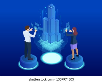 Financial technology, Smart city isometric concept. Miniature model city and communication network. Internet and Information communication network. Vector illustration